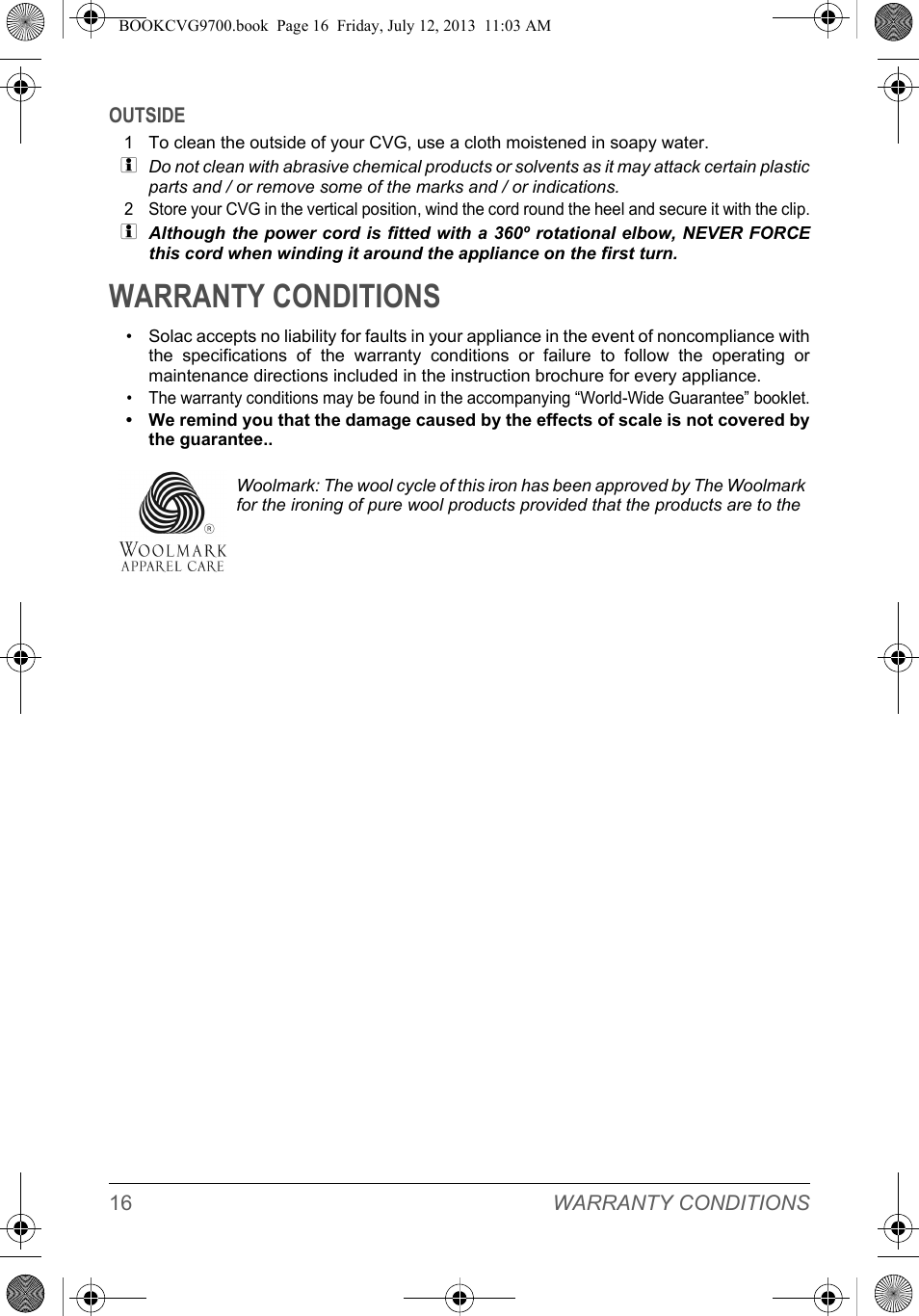 Warranty conditions | SOLAC CVG9700 User Manual | Page 18 / 92