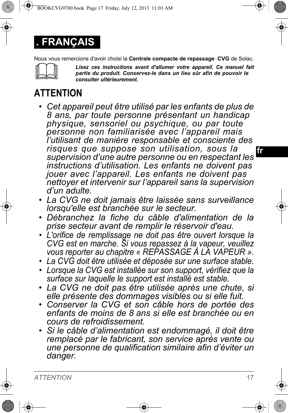 Attention, Français | SOLAC CVG9700 User Manual | Page 19 / 92