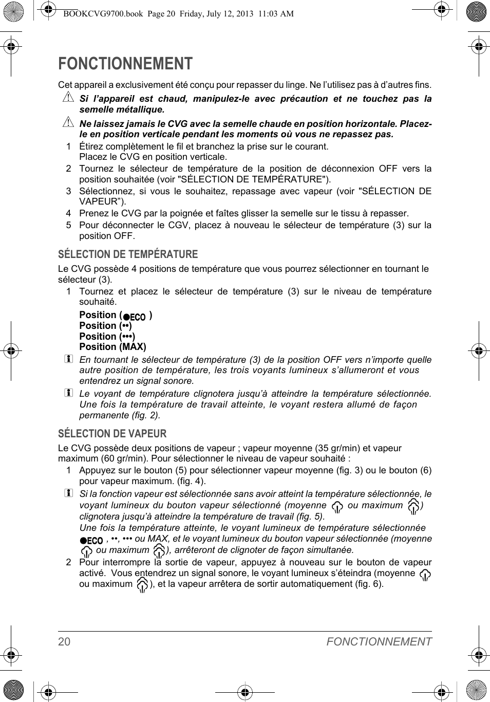 Fonctionnement | SOLAC CVG9700 User Manual | Page 22 / 92