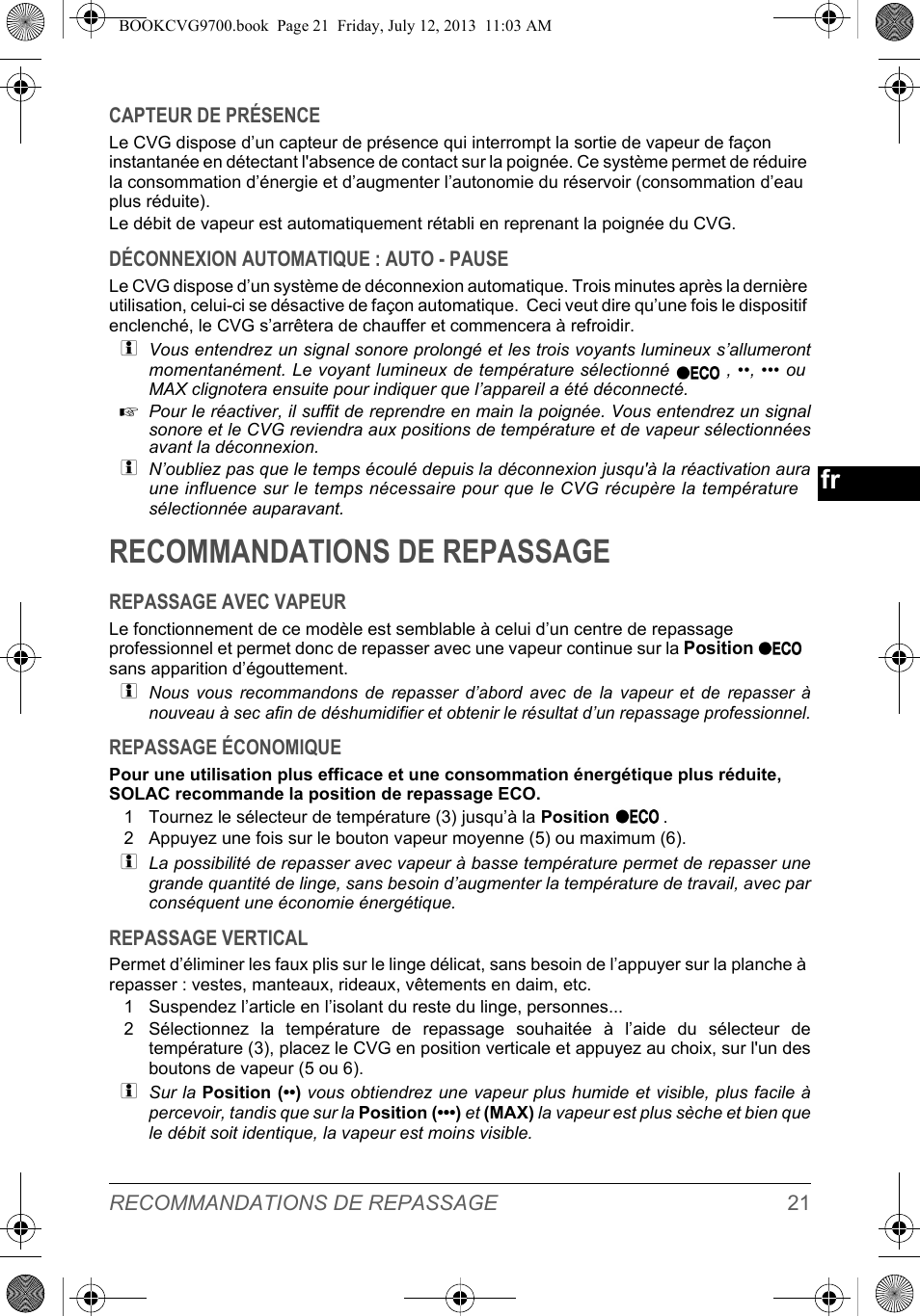 Recommandations de repassage | SOLAC CVG9700 User Manual | Page 23 / 92