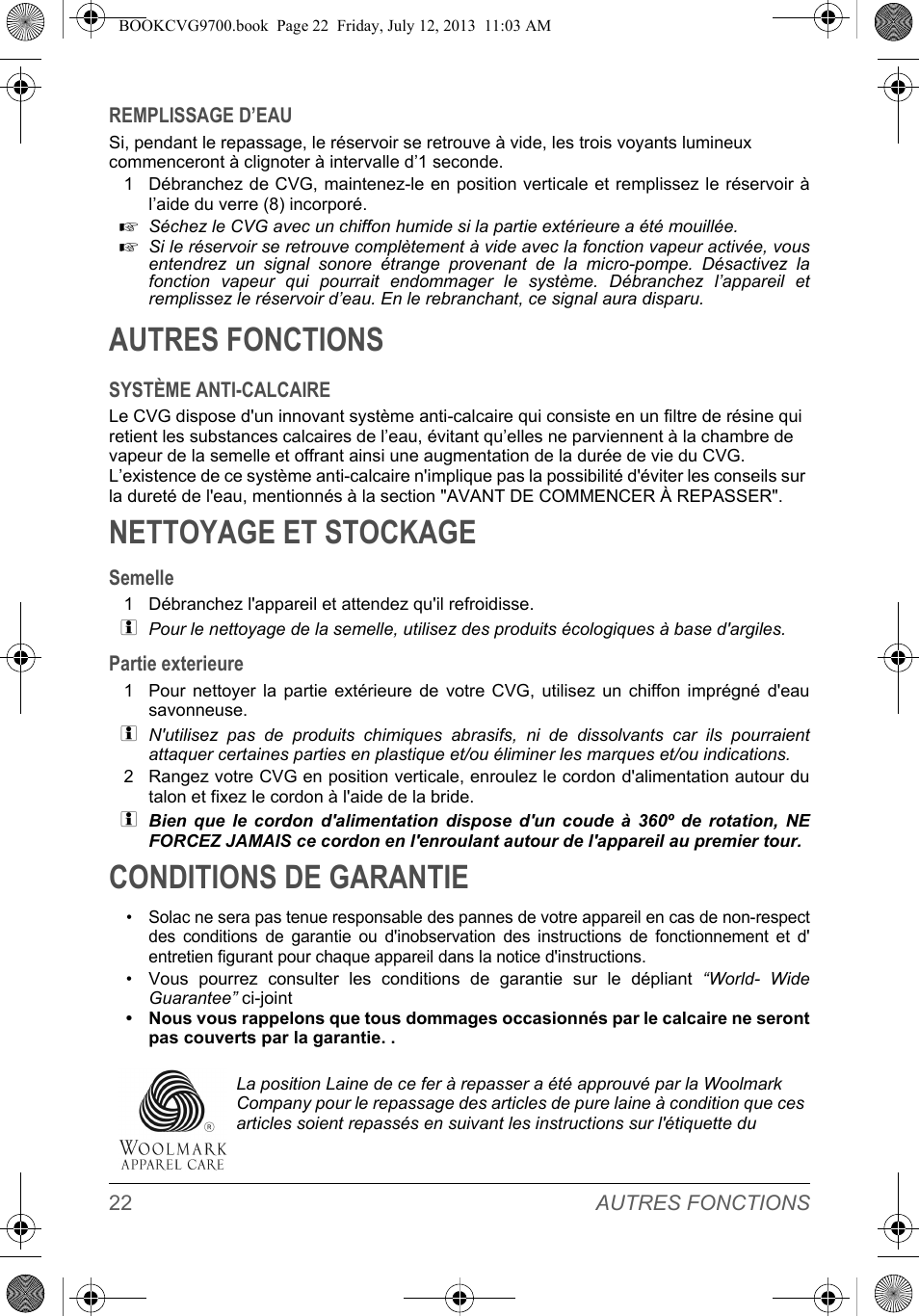 Autres fonctions, Nettoyage et stockage, Conditions de garantie | SOLAC CVG9700 User Manual | Page 24 / 92