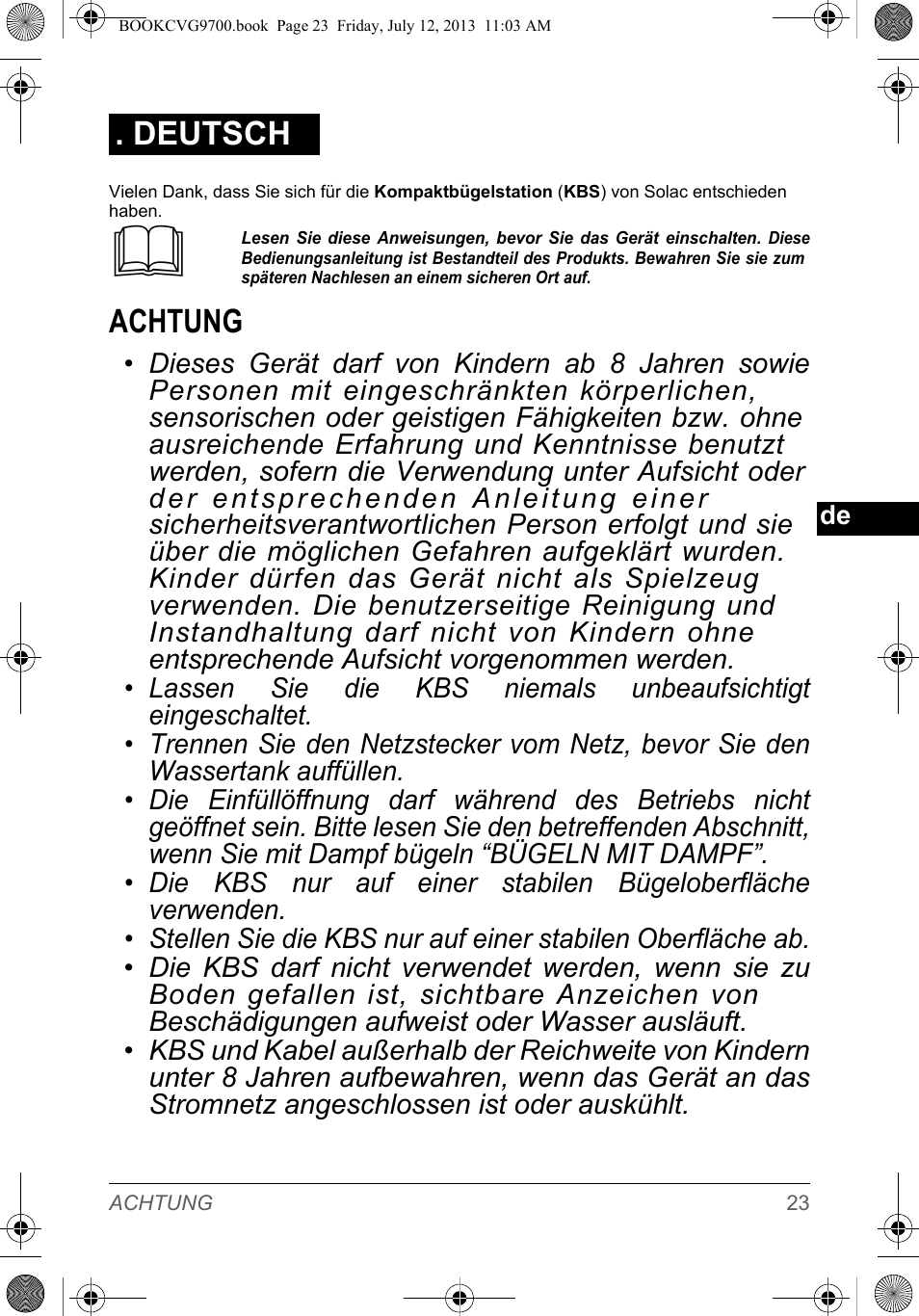 Achtung, Deutsch | SOLAC CVG9700 User Manual | Page 25 / 92