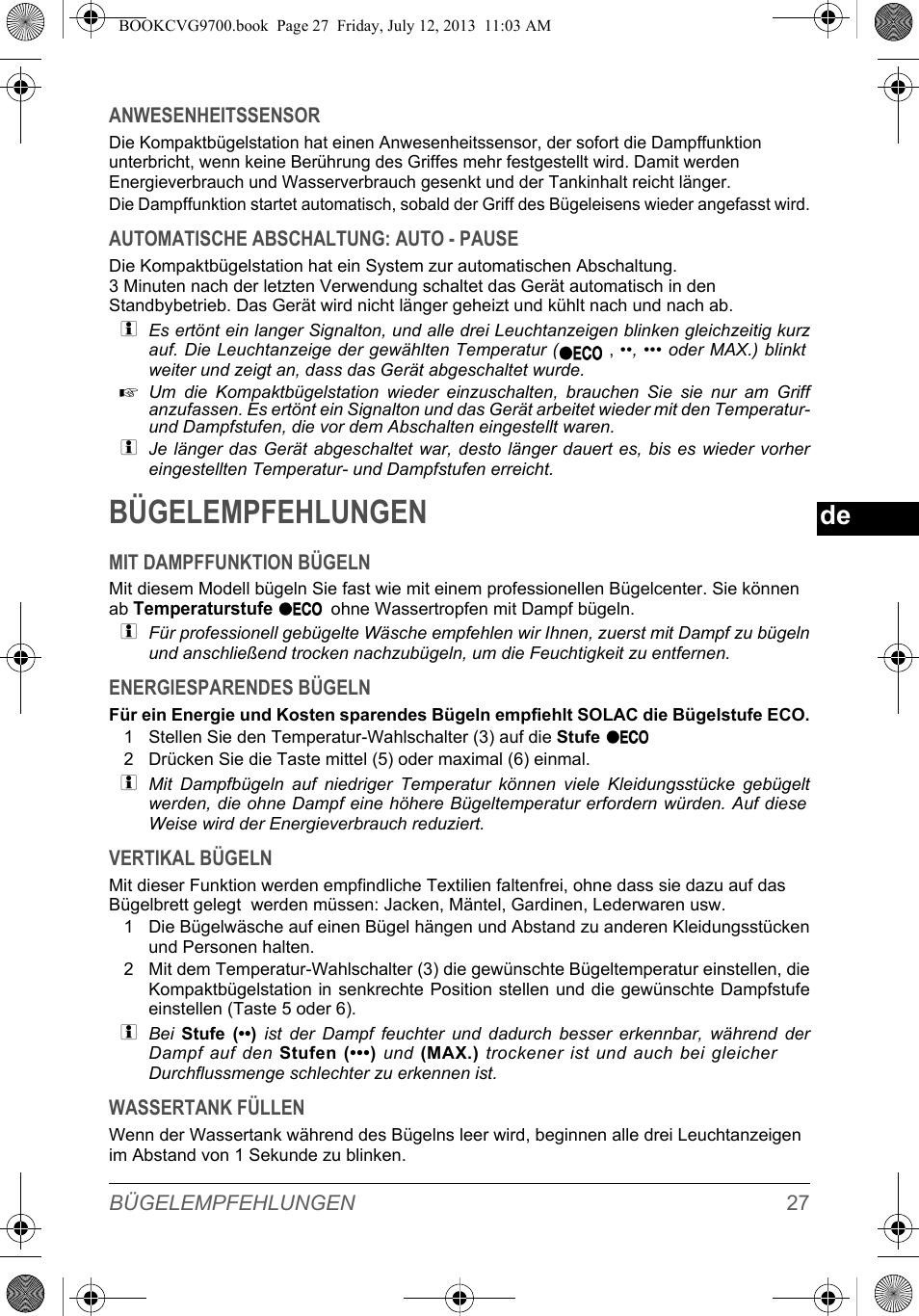 Bügelempfehlungen | SOLAC CVG9700 User Manual | Page 29 / 92