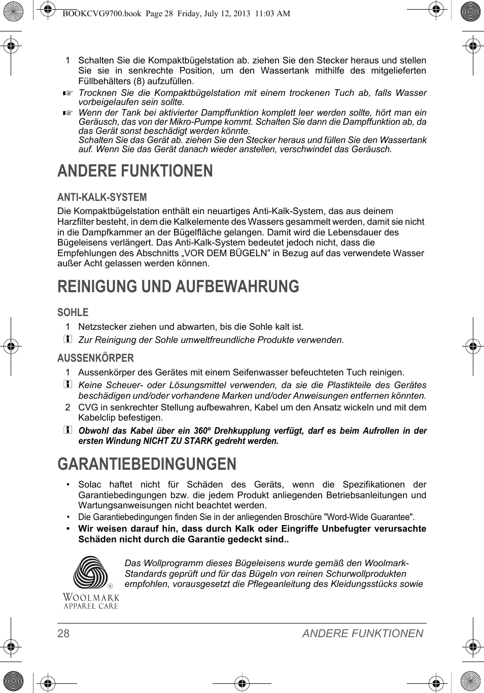 Andere funktionen, Reinigung und aufbewahrung, Garantiebedingungen | SOLAC CVG9700 User Manual | Page 30 / 92