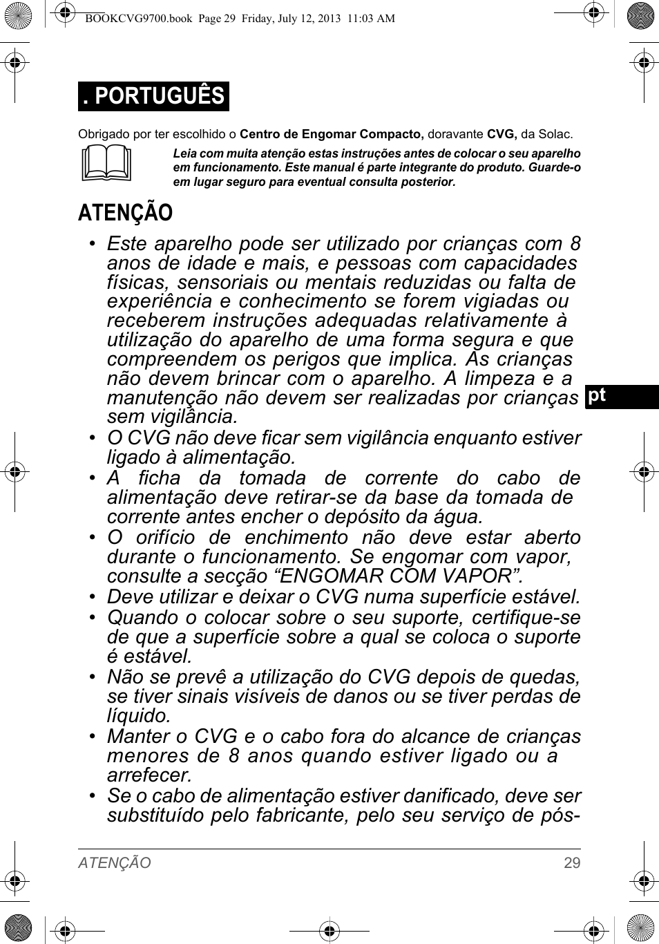 Atenção, Português | SOLAC CVG9700 User Manual | Page 31 / 92