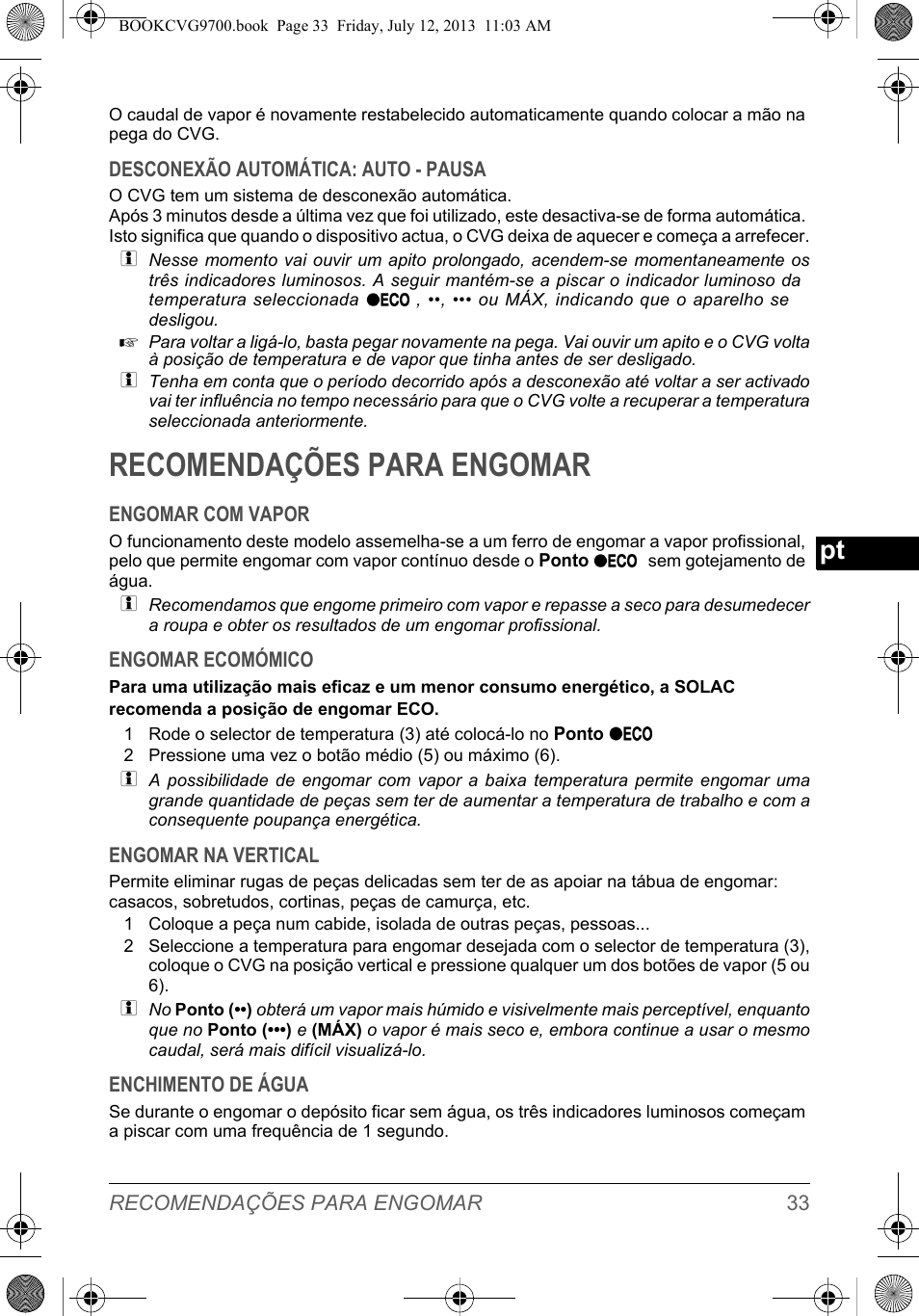 Recomendações para engomar | SOLAC CVG9700 User Manual | Page 35 / 92