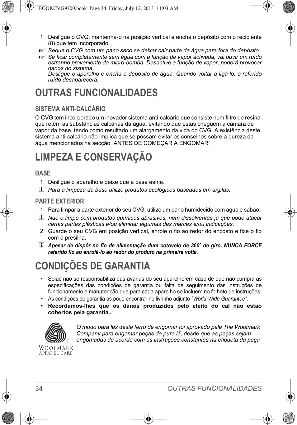 Outras funcionalidades, Limpeza e conservação, Condições de garantia | SOLAC CVG9700 User Manual | Page 36 / 92