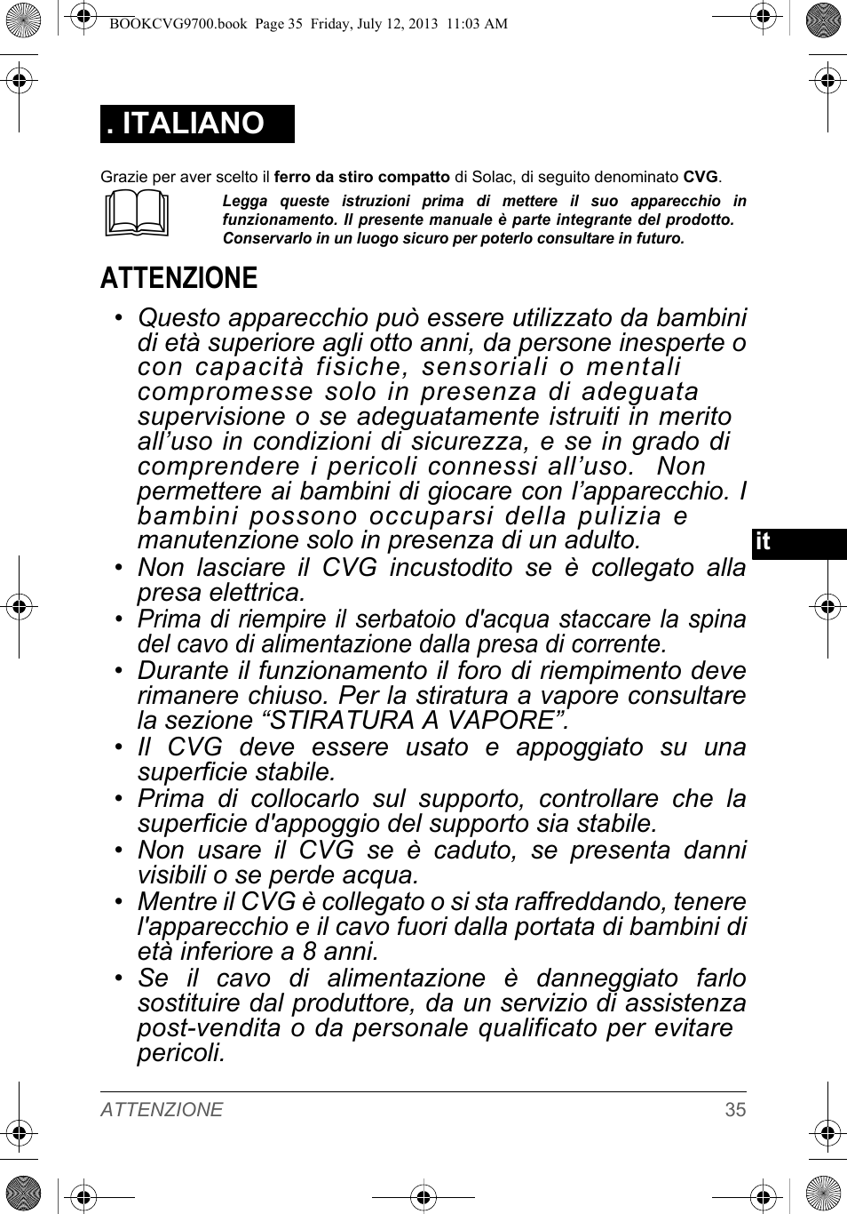 Attenzione, Italiano | SOLAC CVG9700 User Manual | Page 37 / 92