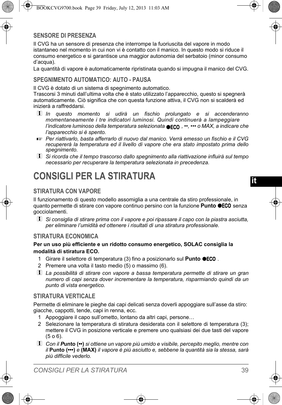 Consigli per la stiratura | SOLAC CVG9700 User Manual | Page 41 / 92