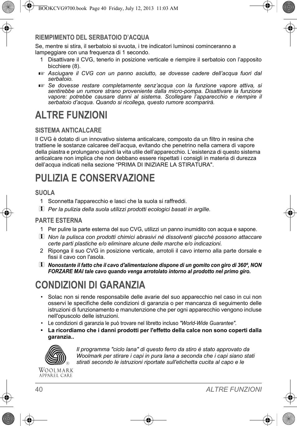 Altre funzioni, Pulizia e conservazione, Condizioni di garanzia | SOLAC CVG9700 User Manual | Page 42 / 92