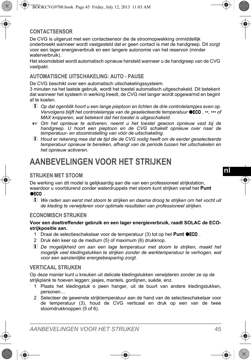 Aanbevelingen voor het strijken | SOLAC CVG9700 User Manual | Page 47 / 92