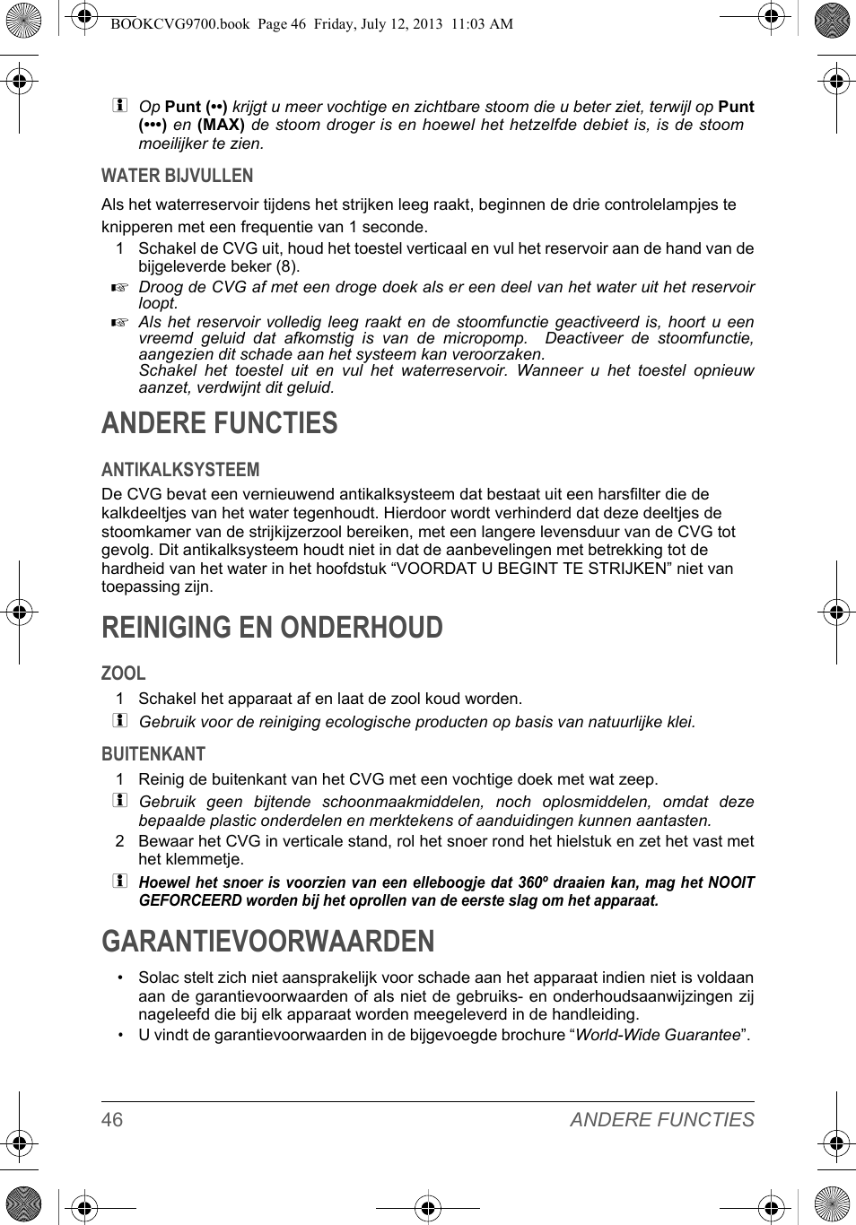 Andere functies, Reiniging en onderhoud, Garantievoorwaarden | SOLAC CVG9700 User Manual | Page 48 / 92