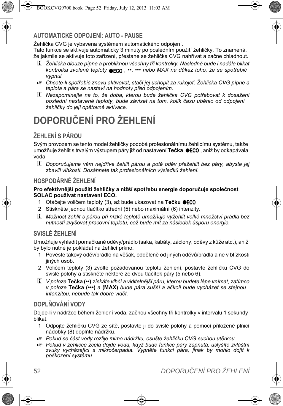 Doporučení pro žehlení | SOLAC CVG9700 User Manual | Page 54 / 92