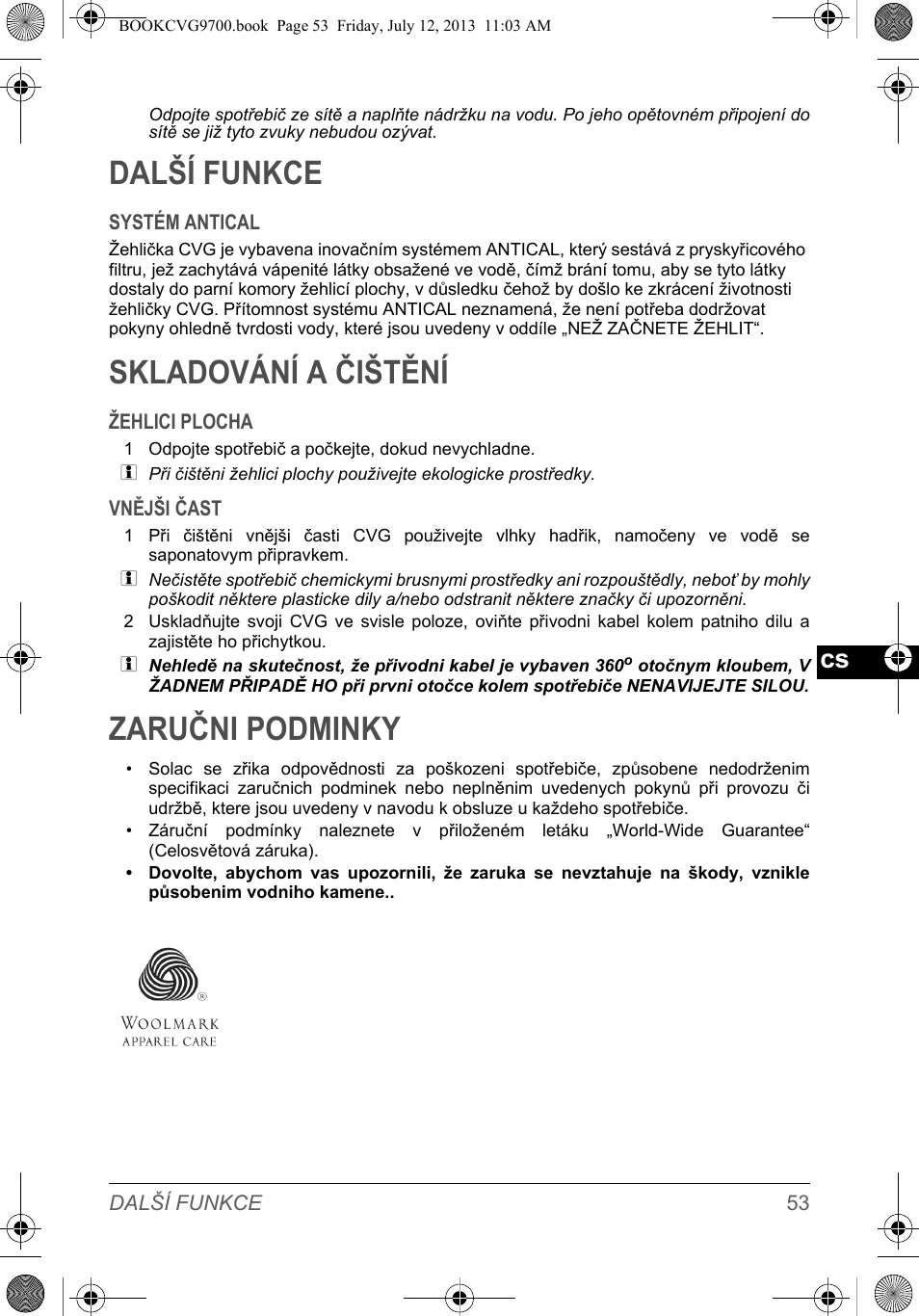 Další funkce, Skladování a čištění, Zaručni podminky | SOLAC CVG9700 User Manual | Page 55 / 92