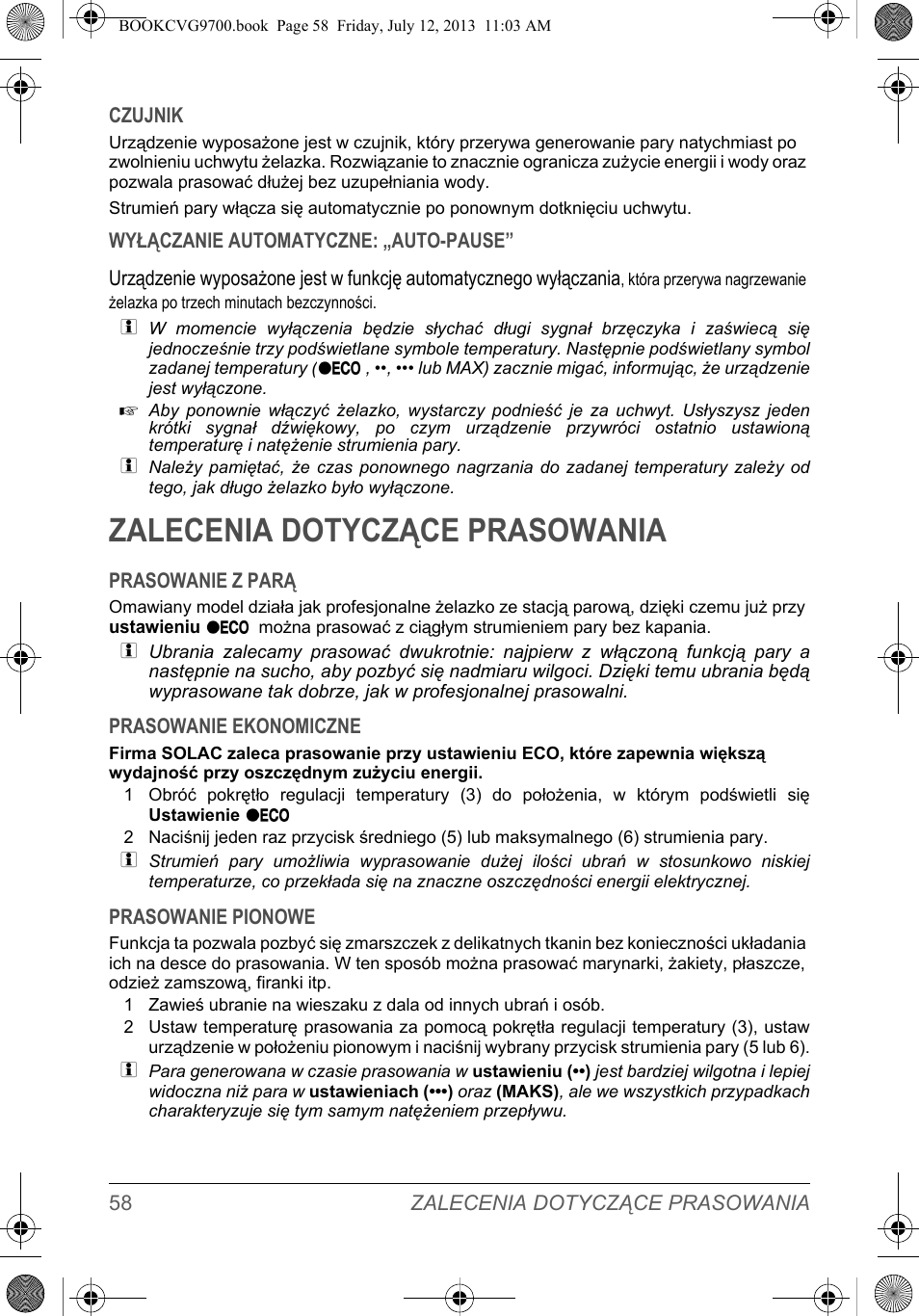Zalecenia dotyczące prasowania | SOLAC CVG9700 User Manual | Page 60 / 92