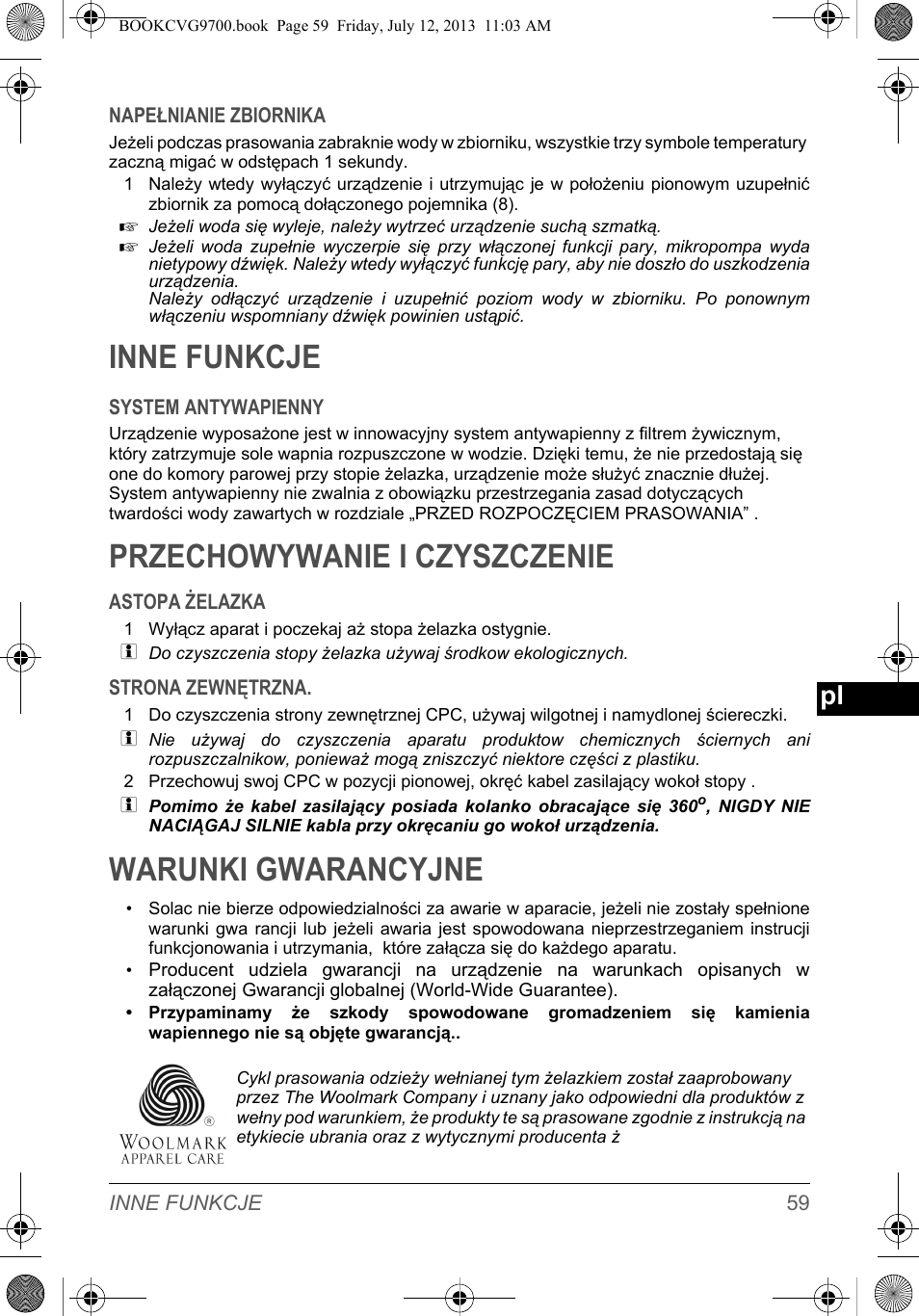 Inne funkcje, Przechowywanie i czyszczenie, Warunki gwarancyjne | SOLAC CVG9700 User Manual | Page 61 / 92