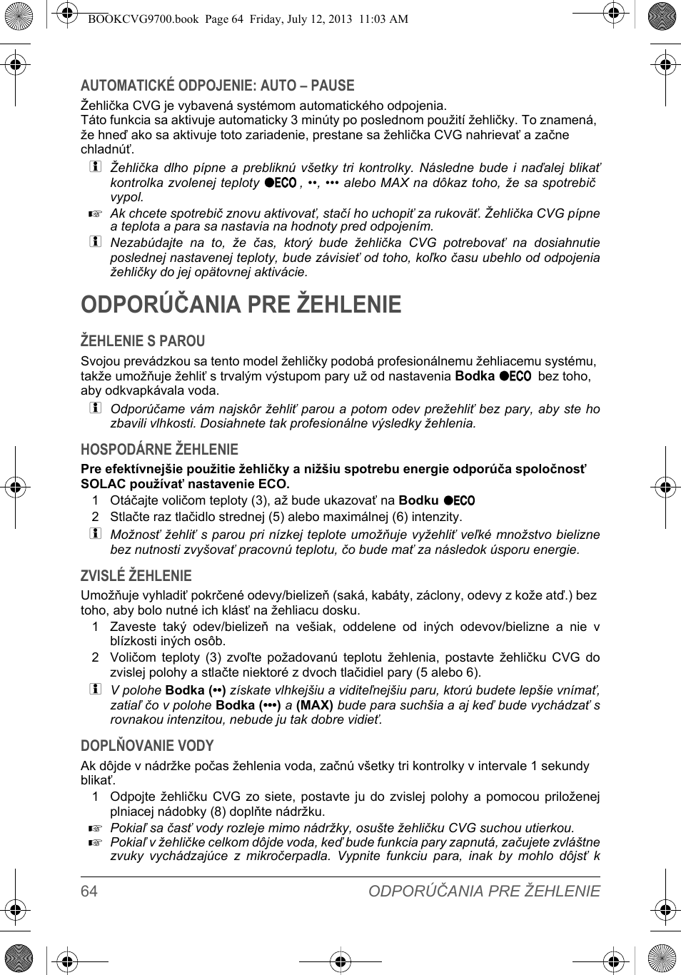 Odporúčania pre žehlenie | SOLAC CVG9700 User Manual | Page 66 / 92