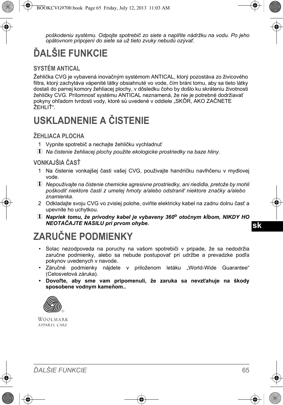 Ďalšie funkcie, Uskladnenie a čistenie, Zaručne podmienky | SOLAC CVG9700 User Manual | Page 67 / 92