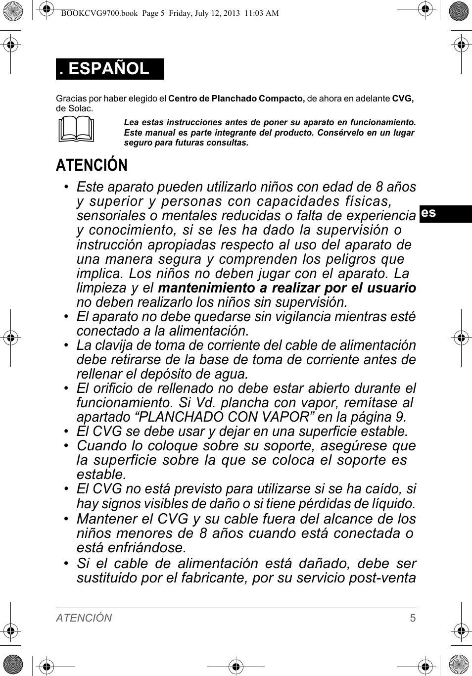 Atención, Español | SOLAC CVG9700 User Manual | Page 7 / 92