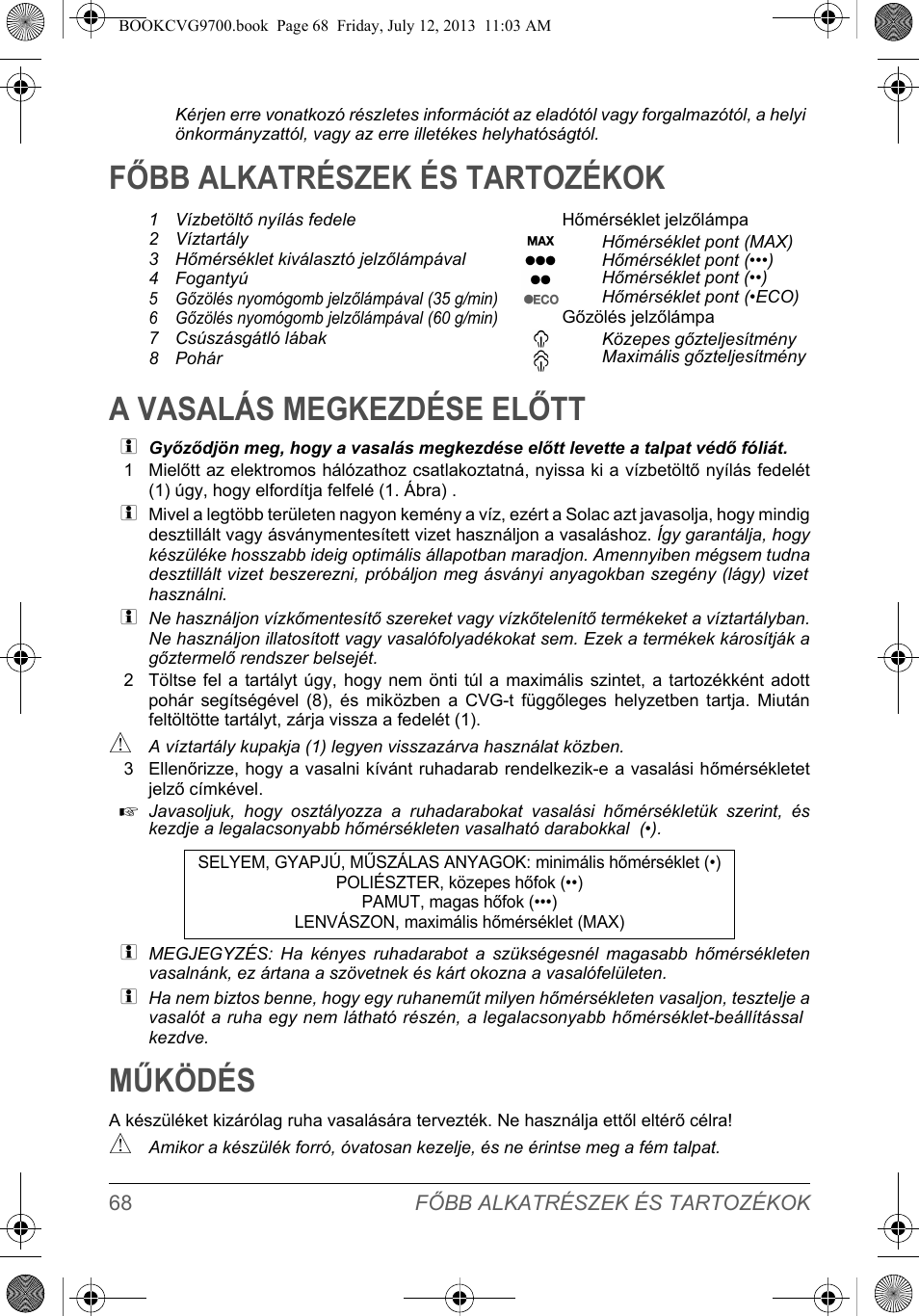Működés | SOLAC CVG9700 User Manual | Page 70 / 92