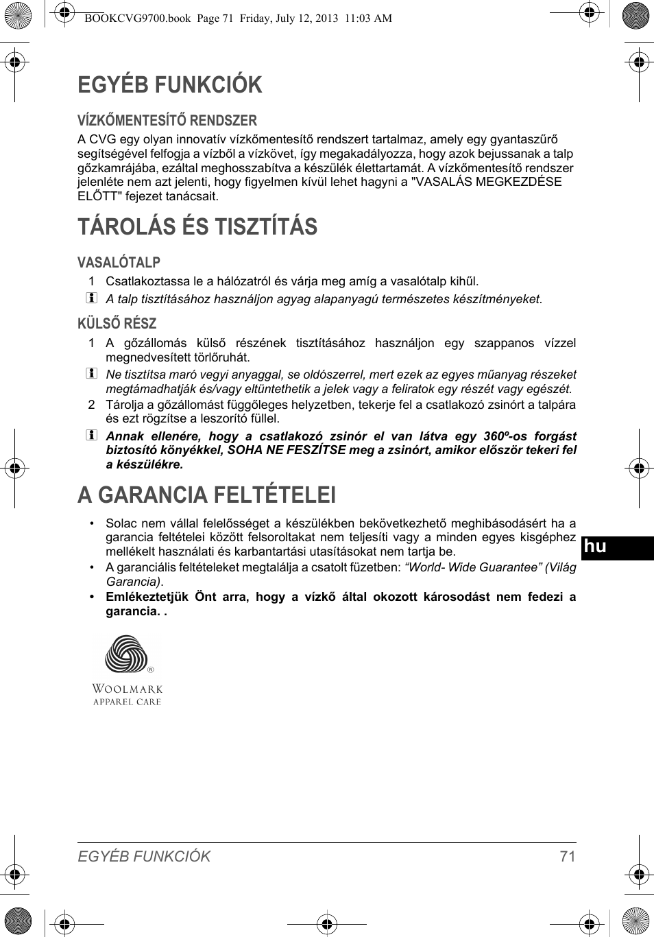 Egyéb funkciók, Tárolás és tisztítás, A garancia feltételei | SOLAC CVG9700 User Manual | Page 73 / 92