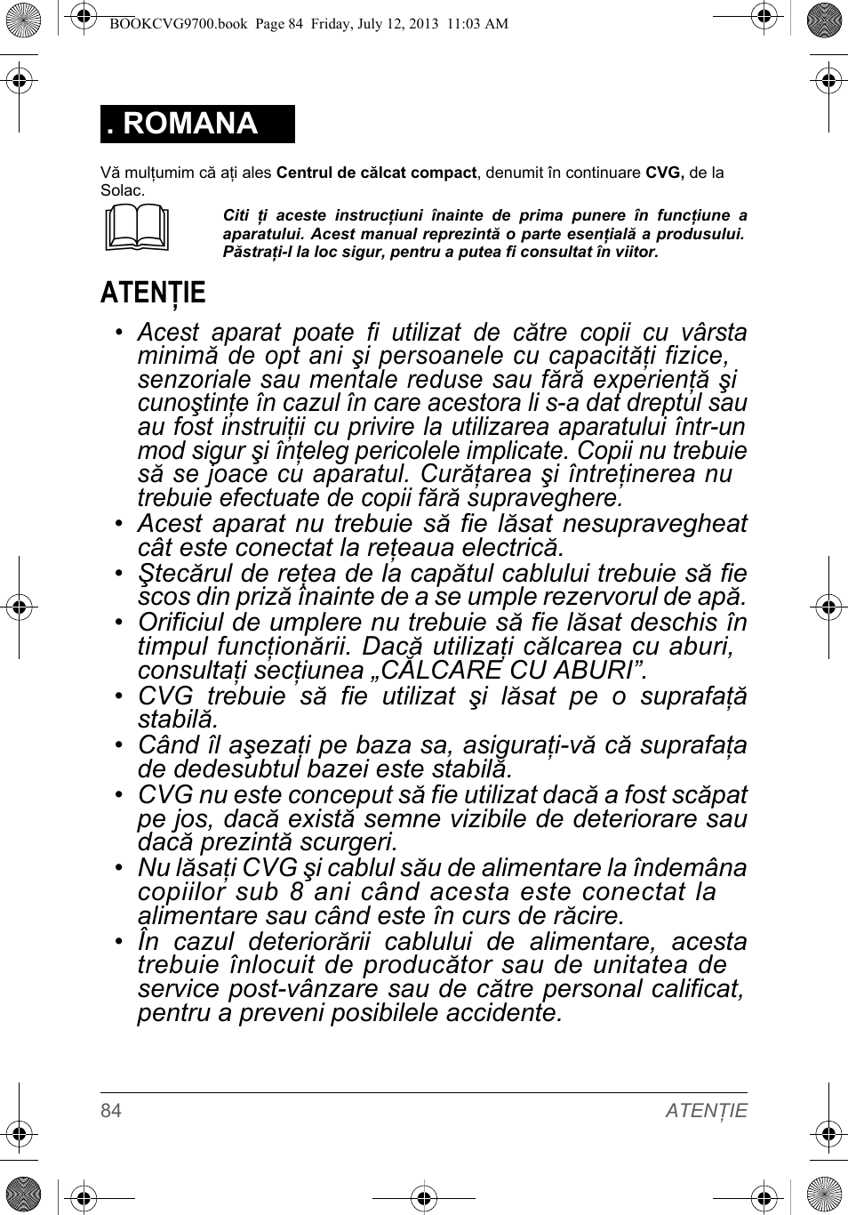 Atenţie, Romana | SOLAC CVG9700 User Manual | Page 86 / 92