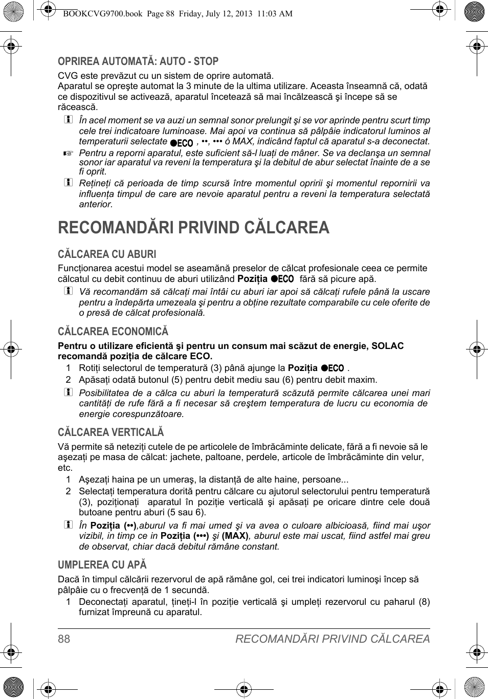Recomandări privind călcarea | SOLAC CVG9700 User Manual | Page 90 / 92