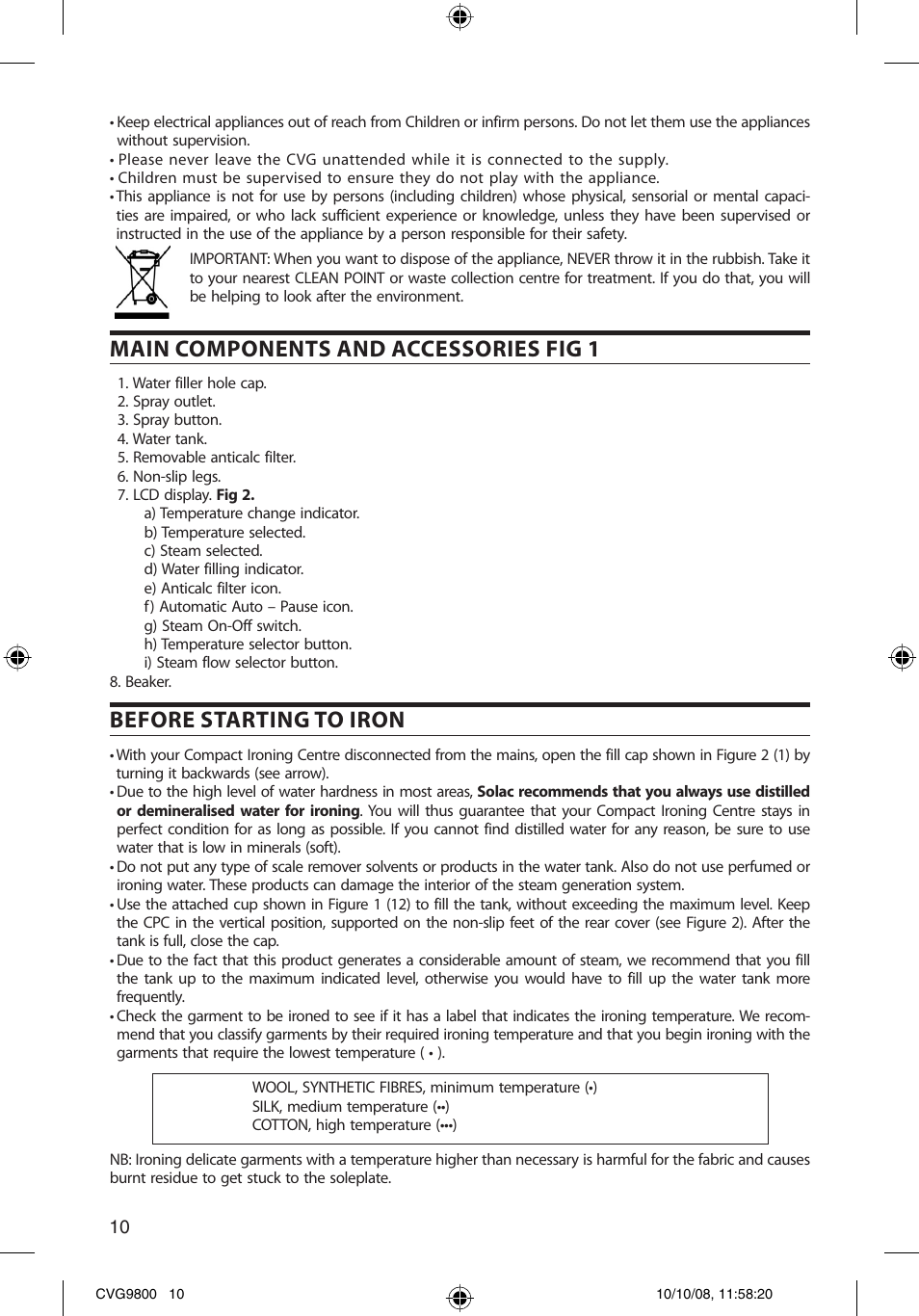 Main components and accessories fig 1, Before starting to iron | SOLAC CVG9805 User Manual | Page 10 / 68