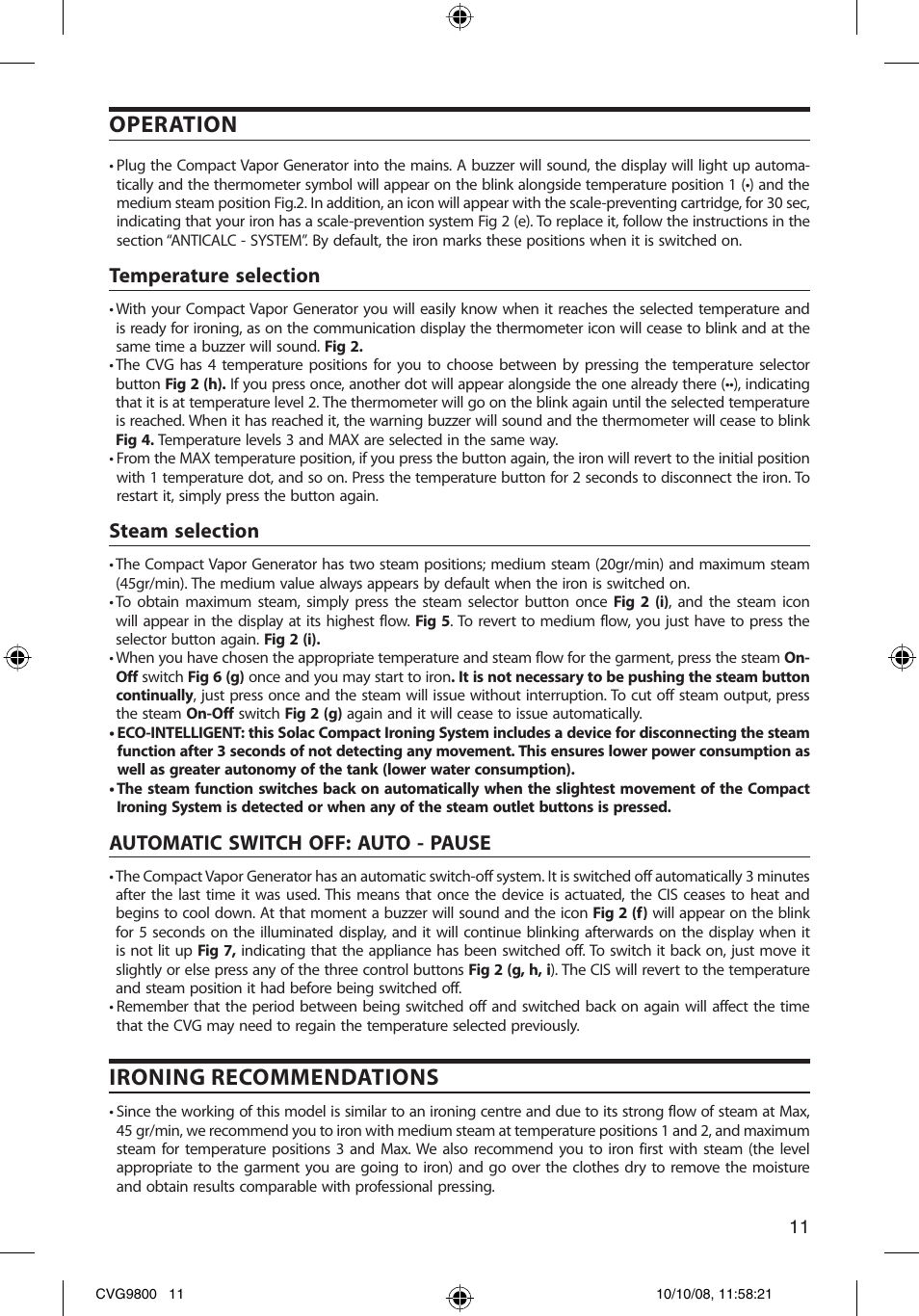 Operation, Ironing recommendations, Temperature selection | Steam selection, Automatic switch off: auto - pause | SOLAC CVG9805 User Manual | Page 11 / 68