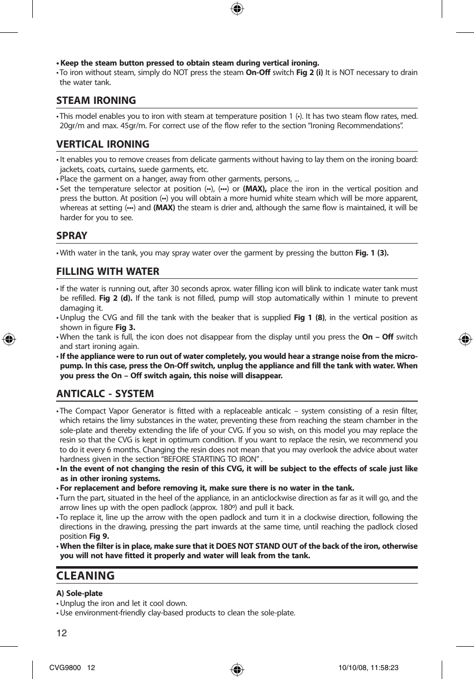 Cleaning, Steam ironing, Vertical ironing | Spray, Filling with water, Anticalc - system | SOLAC CVG9805 User Manual | Page 12 / 68