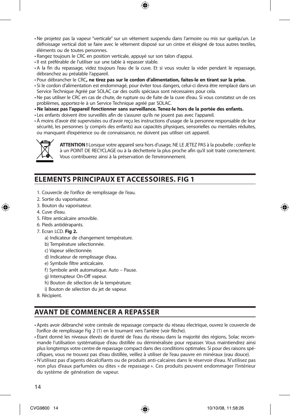 Elements principaux et accessoires. fig 1, Avant de commencer a repasser | SOLAC CVG9805 User Manual | Page 14 / 68