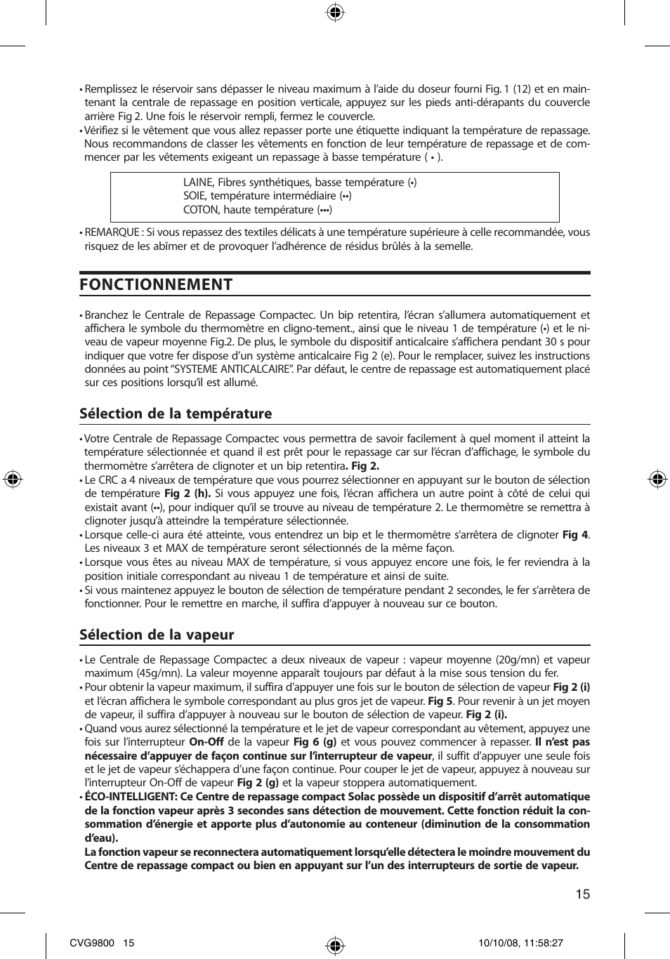 Fonctionnement, Sélection de la température, Sélection de la vapeur | SOLAC CVG9805 User Manual | Page 15 / 68