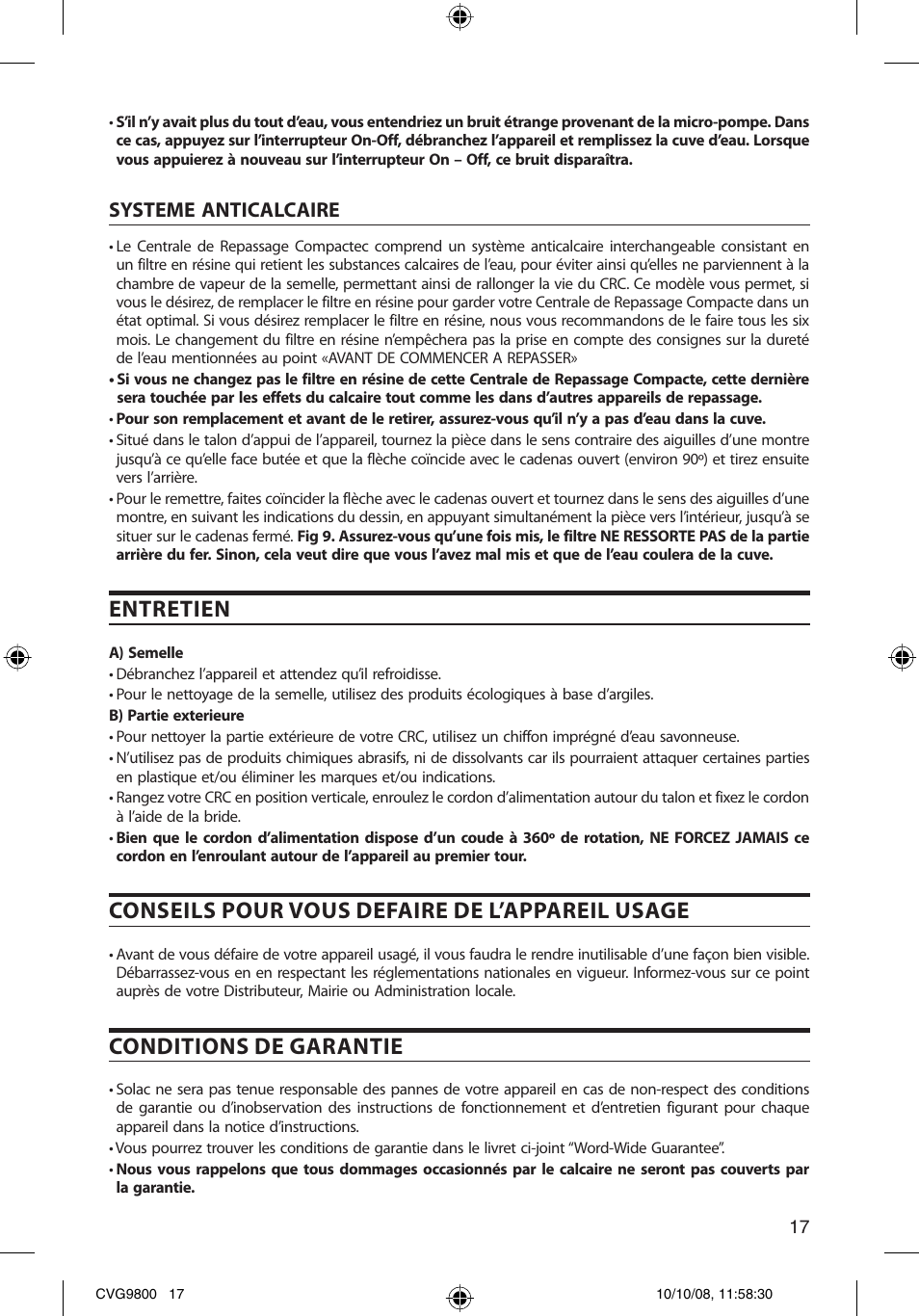 Entretien, Conseils pour vous defaire de l’appareil usage, Conditions de garantie | Systeme anticalcaire | SOLAC CVG9805 User Manual | Page 17 / 68