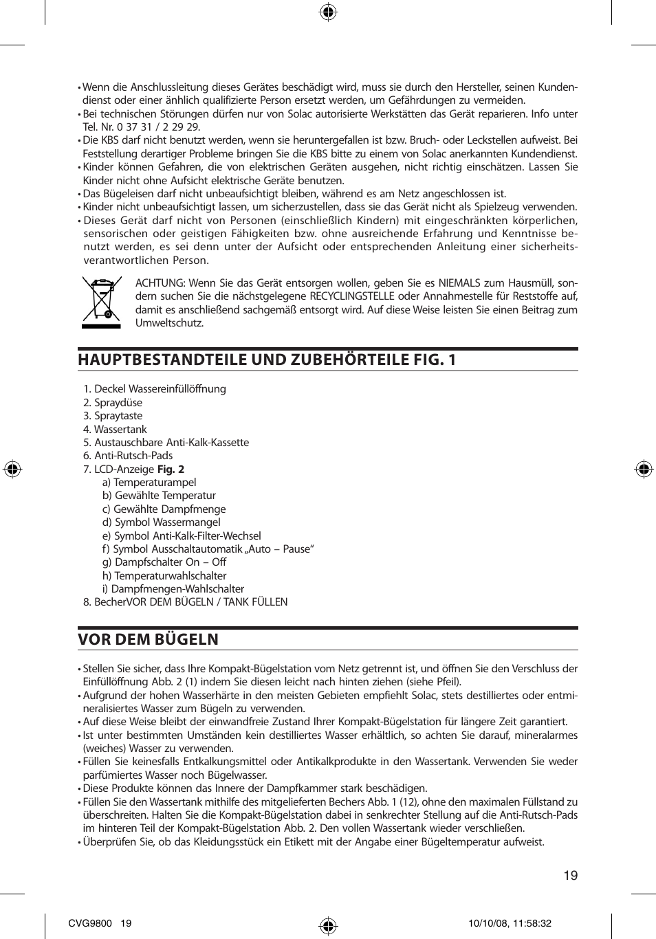 Hauptbestandteile und zubehörteile fig. 1, Vor dem bügeln | SOLAC CVG9805 User Manual | Page 19 / 68