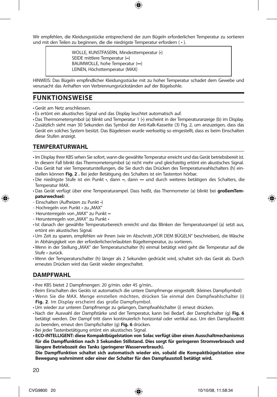 Funktionsweise, Temperaturwahl, Dampfwahl | SOLAC CVG9805 User Manual | Page 20 / 68