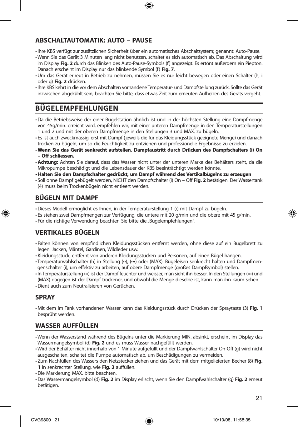 Bügelempfehlungen, Abschaltautomatik: auto – pause, Bügeln mit dampf | Vertikales bügeln, Spray, Wasser auffüllen | SOLAC CVG9805 User Manual | Page 21 / 68