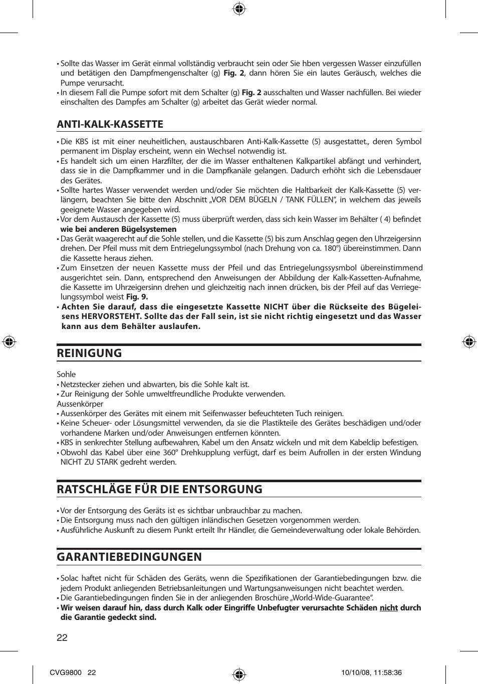 Reinigung, Ratschläge für die entsorgung, Garantiebedingungen | Anti-kalk-kassette | SOLAC CVG9805 User Manual | Page 22 / 68