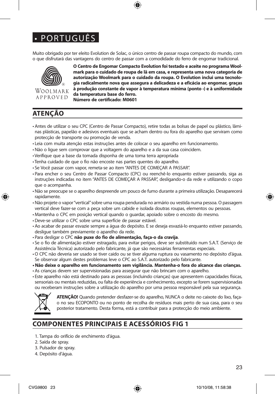 Atenção, Componentes principais e acessórios fig 1 | SOLAC CVG9805 User Manual | Page 23 / 68