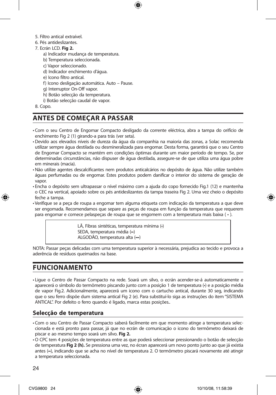 Antes de começar a passar, Funcionamento, Selecção de temperatura | SOLAC CVG9805 User Manual | Page 24 / 68