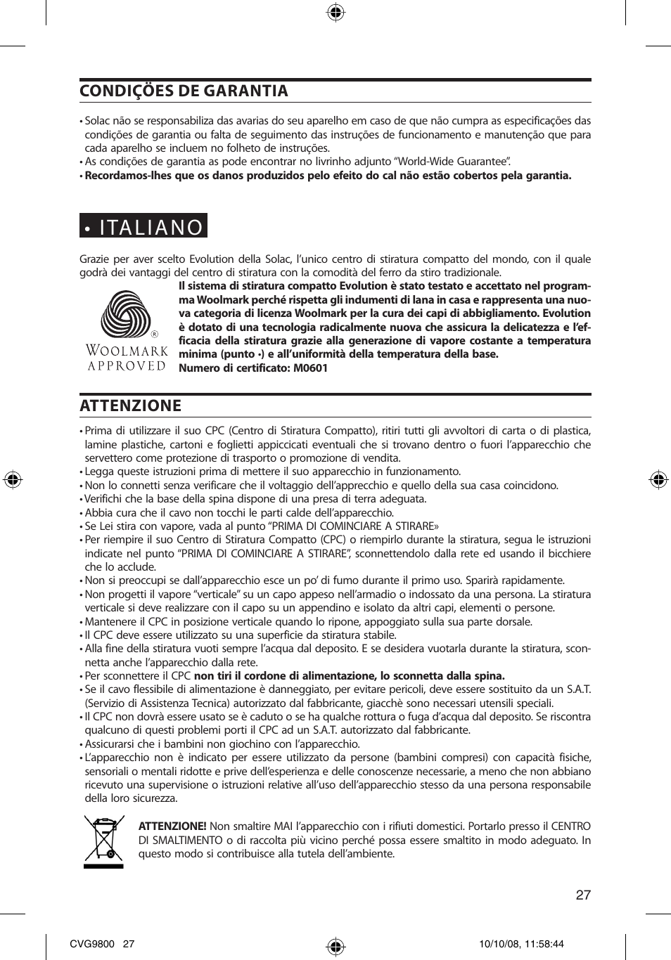 Condiçöes de garantia, Attenzione | SOLAC CVG9805 User Manual | Page 27 / 68