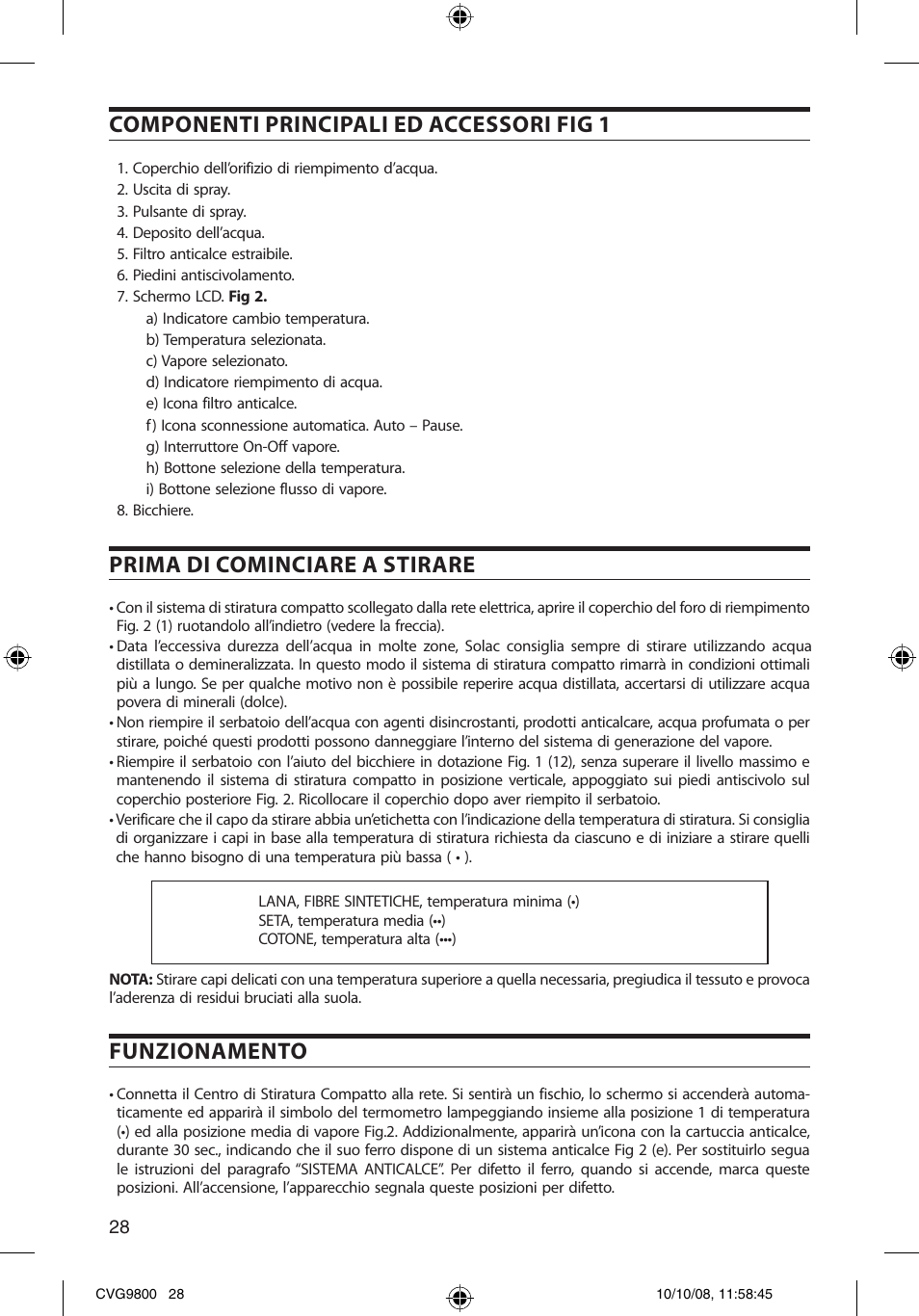 Componenti principali ed accessori fig 1, Prima di cominciare a stirare, Funzionamento | SOLAC CVG9805 User Manual | Page 28 / 68