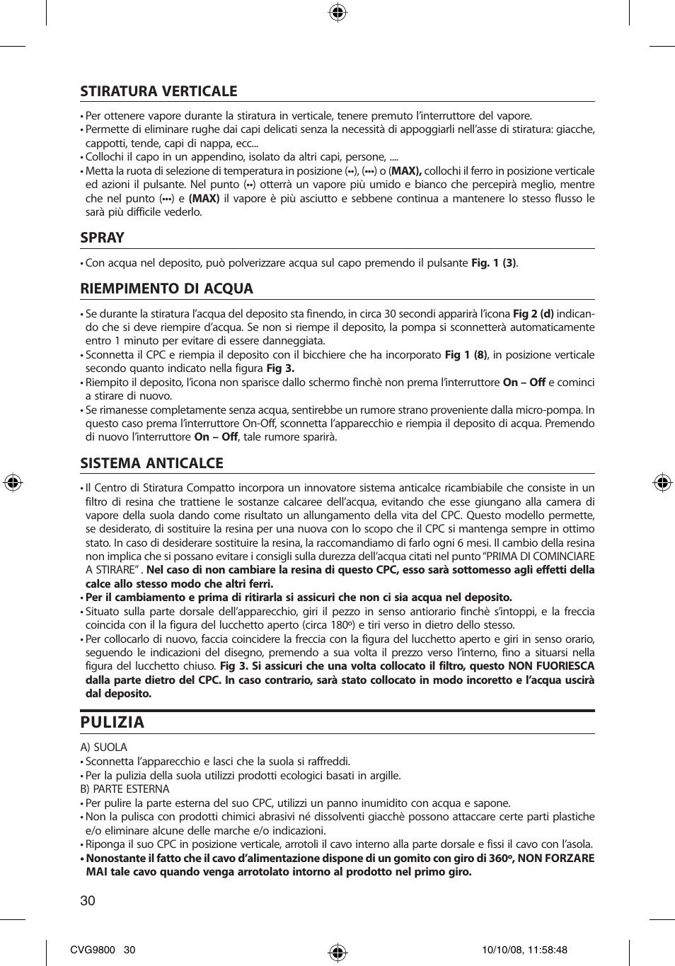 Pulizia, Stiratura verticale, Spray | Riempimento di acqua, Sistema anticalce | SOLAC CVG9805 User Manual | Page 30 / 68