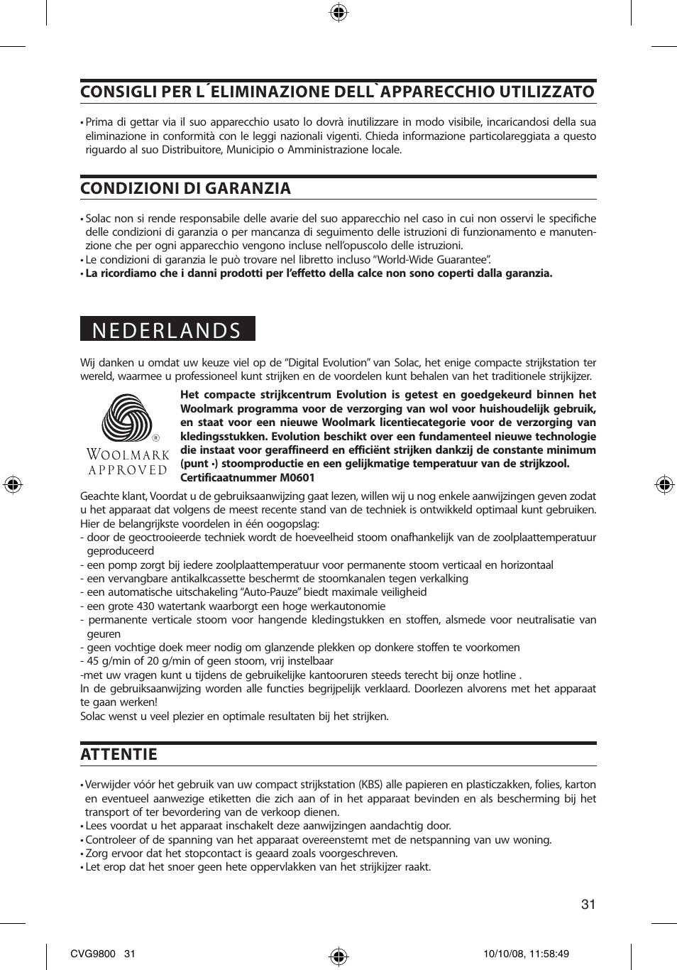 Condizioni di garanzia, Attentie | SOLAC CVG9805 User Manual | Page 31 / 68