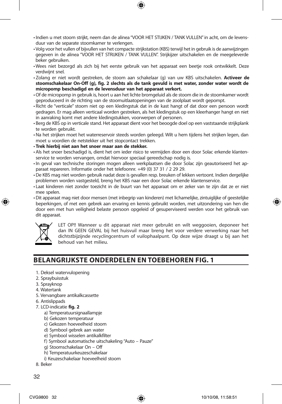 Belangrijkste onderdelen en toebehoren fig. 1 | SOLAC CVG9805 User Manual | Page 32 / 68