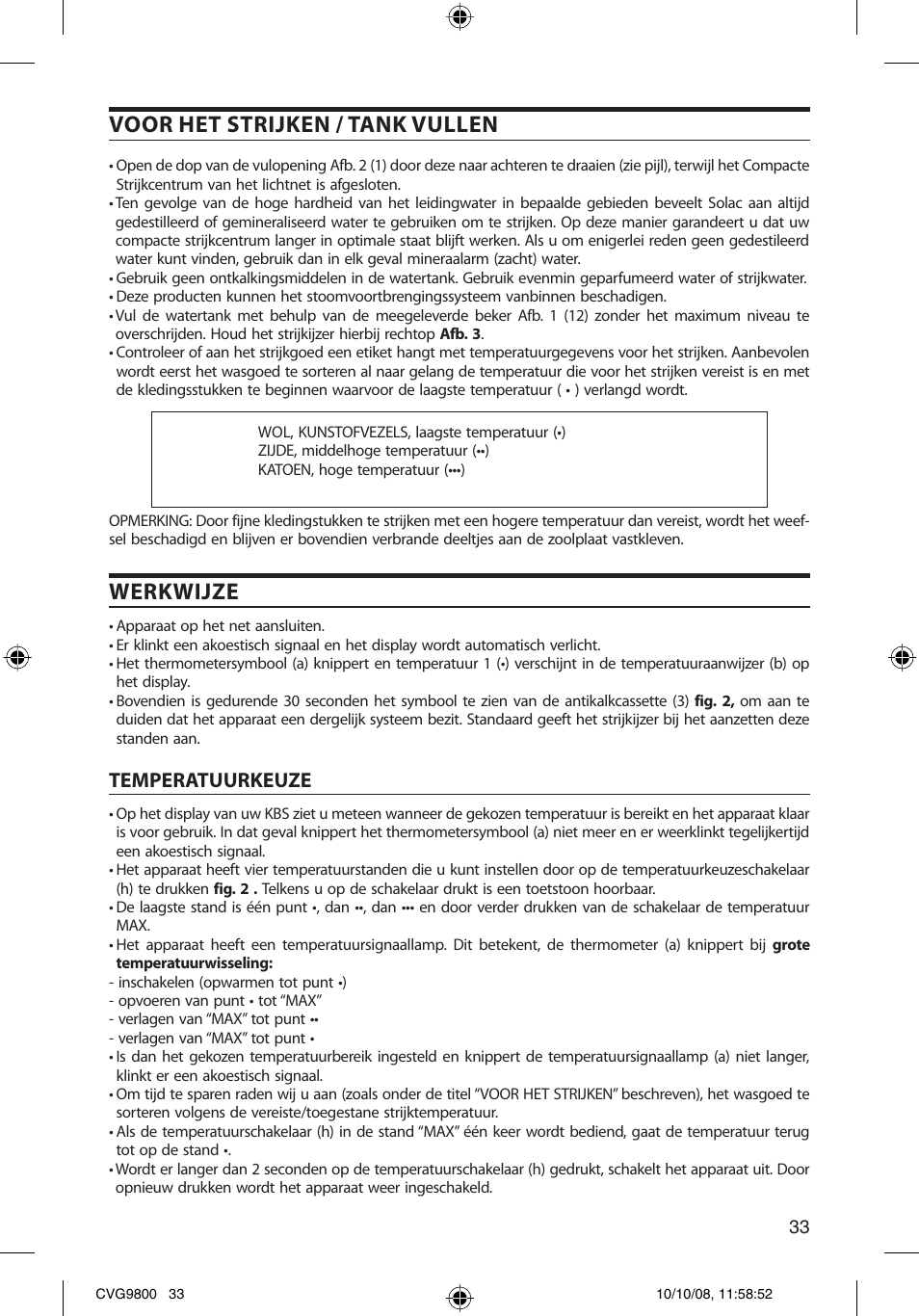 Voor het strijken / tank vullen, Werkwijze, Temperatuurkeuze | SOLAC CVG9805 User Manual | Page 33 / 68