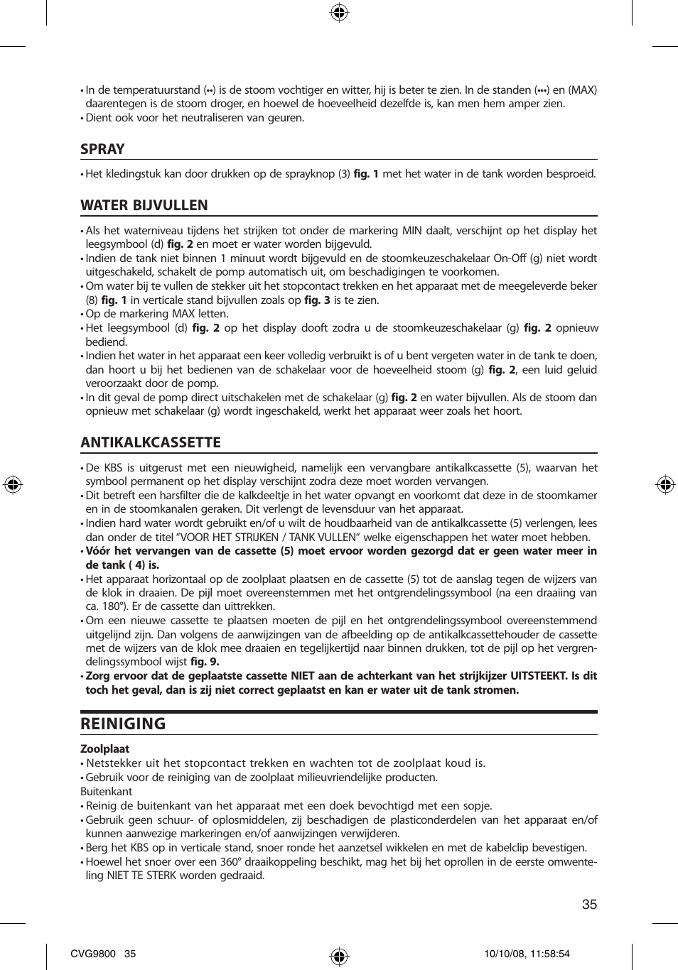 Reiniging, Spray, Water bijvullen | Antikalkcassette | SOLAC CVG9805 User Manual | Page 35 / 68