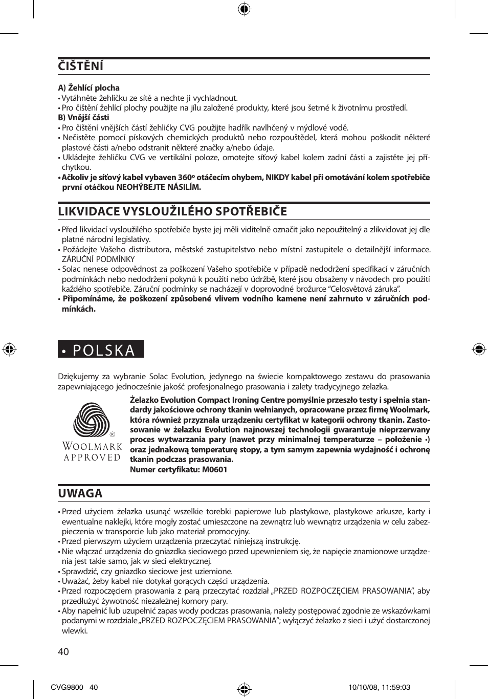 Čištění, Likvidace vysloužilého spotřebiče, Uwaga | SOLAC CVG9805 User Manual | Page 40 / 68