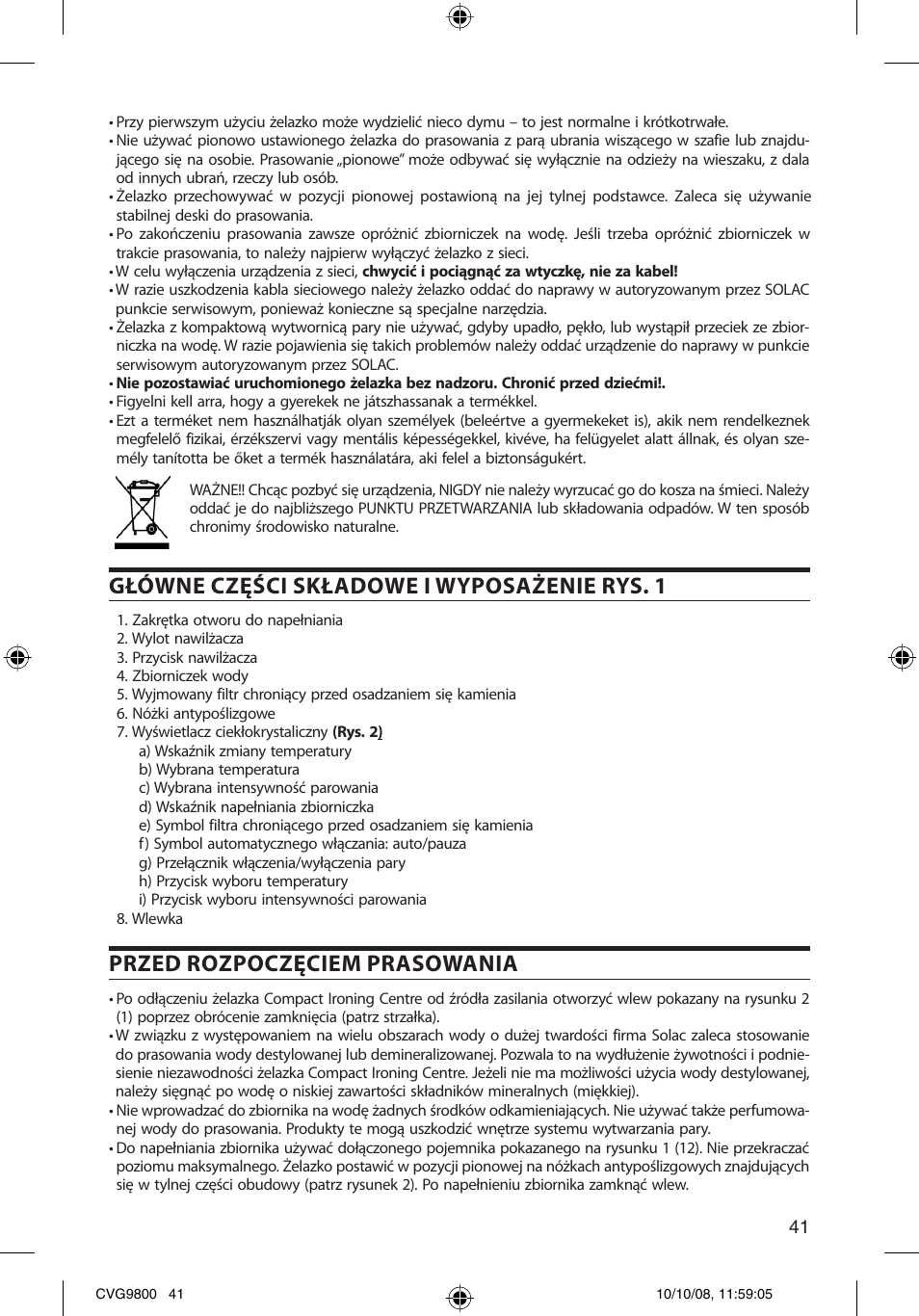 Główne części składowe i wyposażenie rys. 1, Przed rozpoczęciem prasowania | SOLAC CVG9805 User Manual | Page 41 / 68