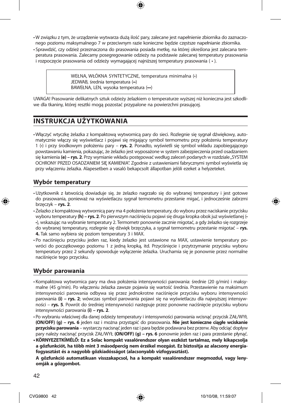 Instrukcja użytkowania, Wybór temperatury, Wybór parowania | SOLAC CVG9805 User Manual | Page 42 / 68