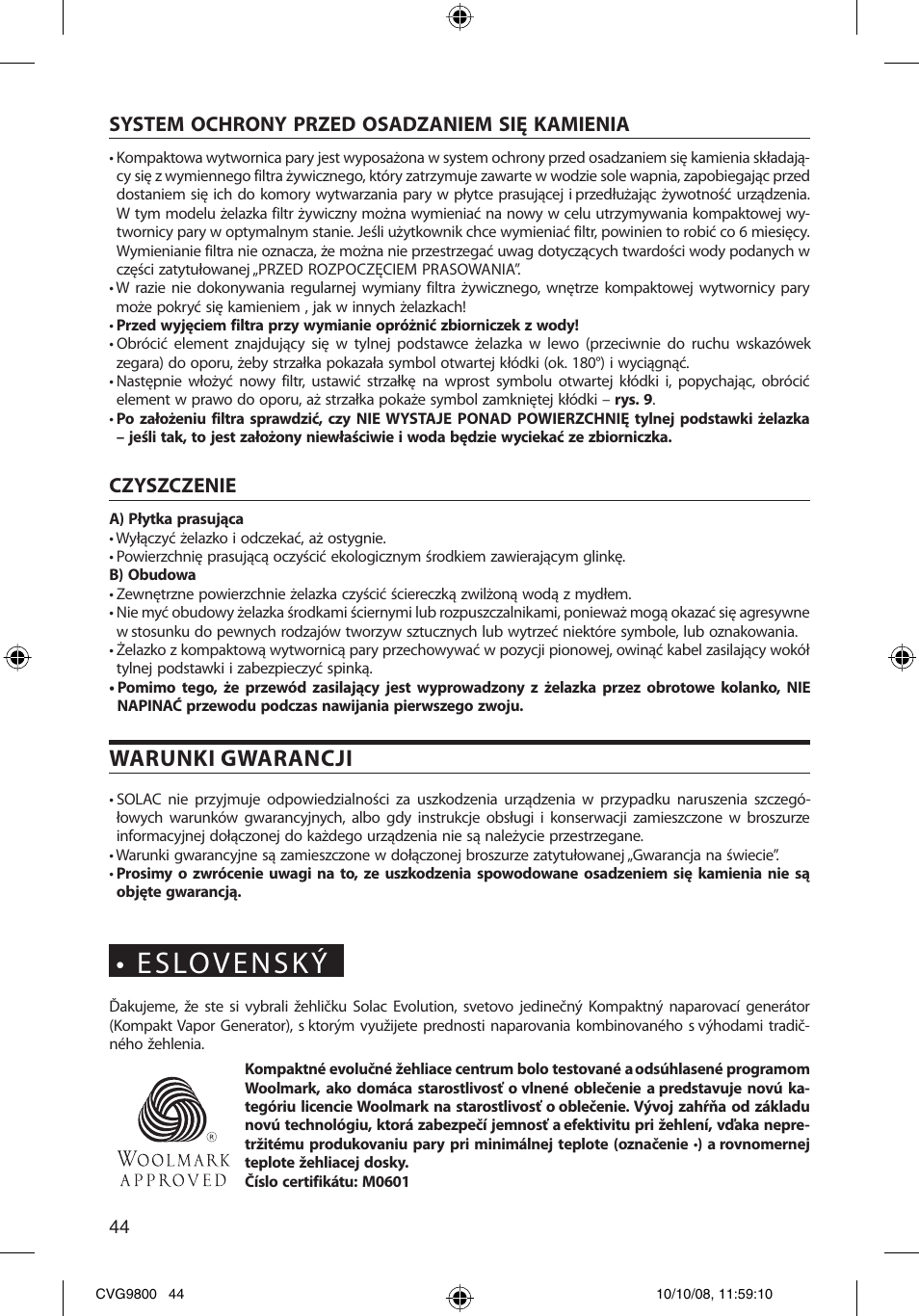 Warunki gwarancji, System ochrony przed osadzaniem się kamienia, Czyszczenie | SOLAC CVG9805 User Manual | Page 44 / 68